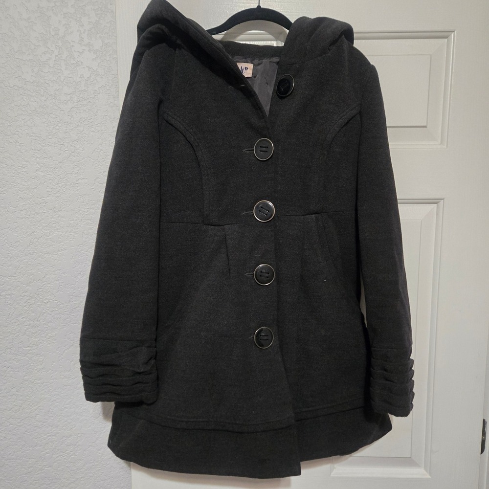 Jolt Womens Charcoal Gray Hooded Pea Coat Button Front Pleated Detail Large